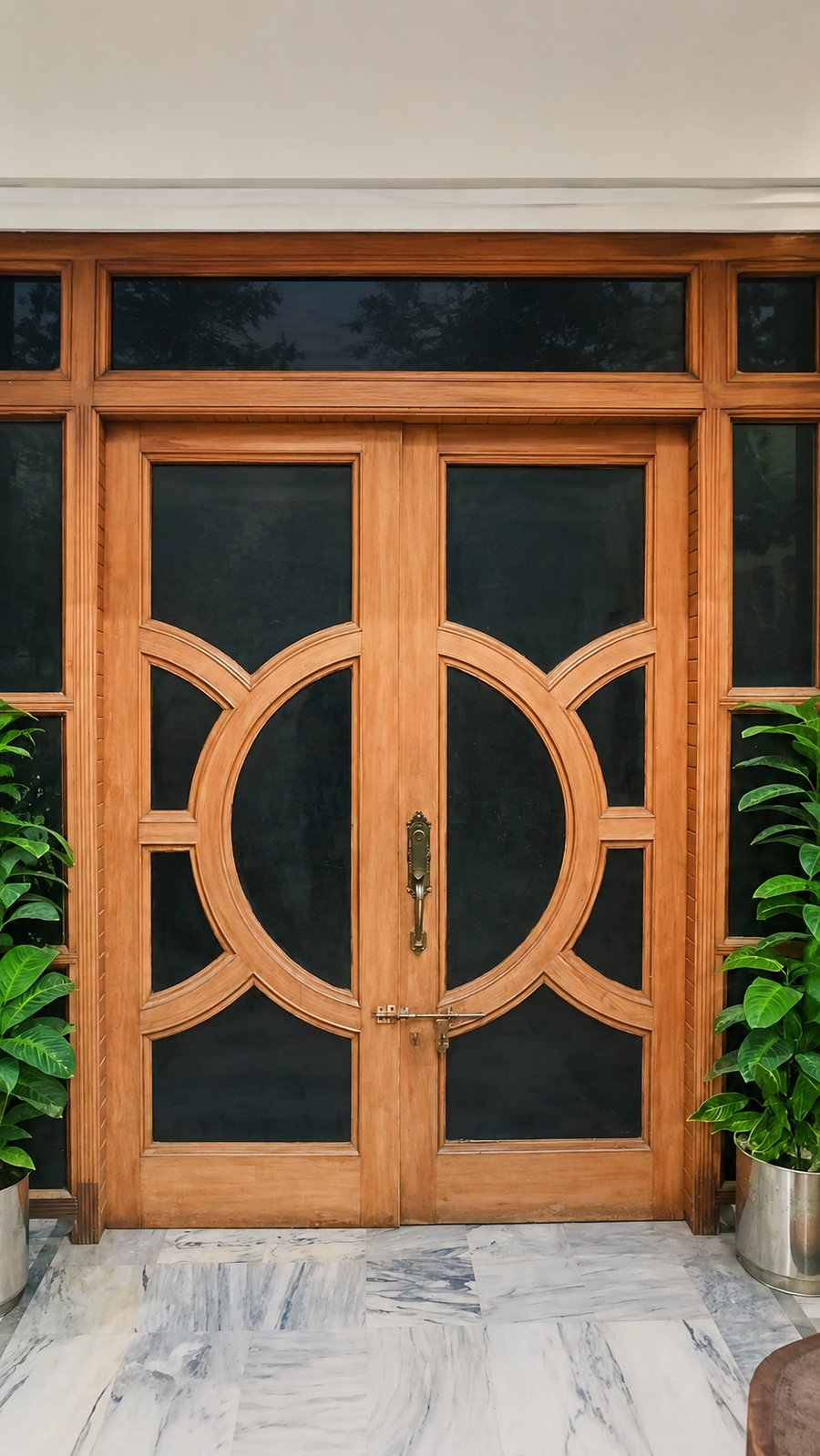 The wooden double-door entrance to IRADA's Islamabad clinic, flanked by potted plants.